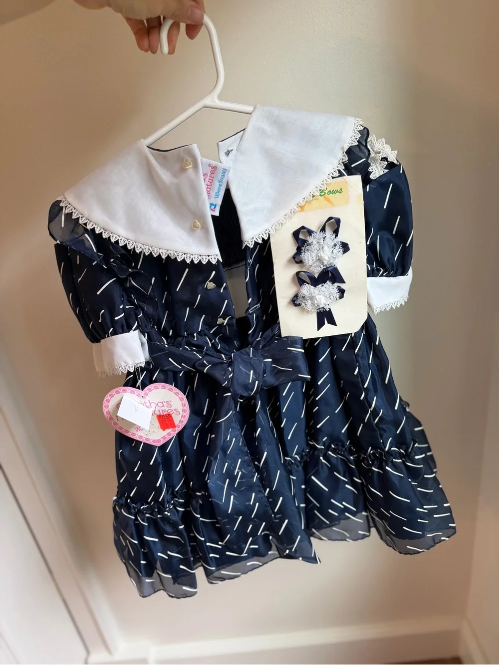 Martha’s Miniatures, Navy & White Girls' Sailor Dress with Lace Collar